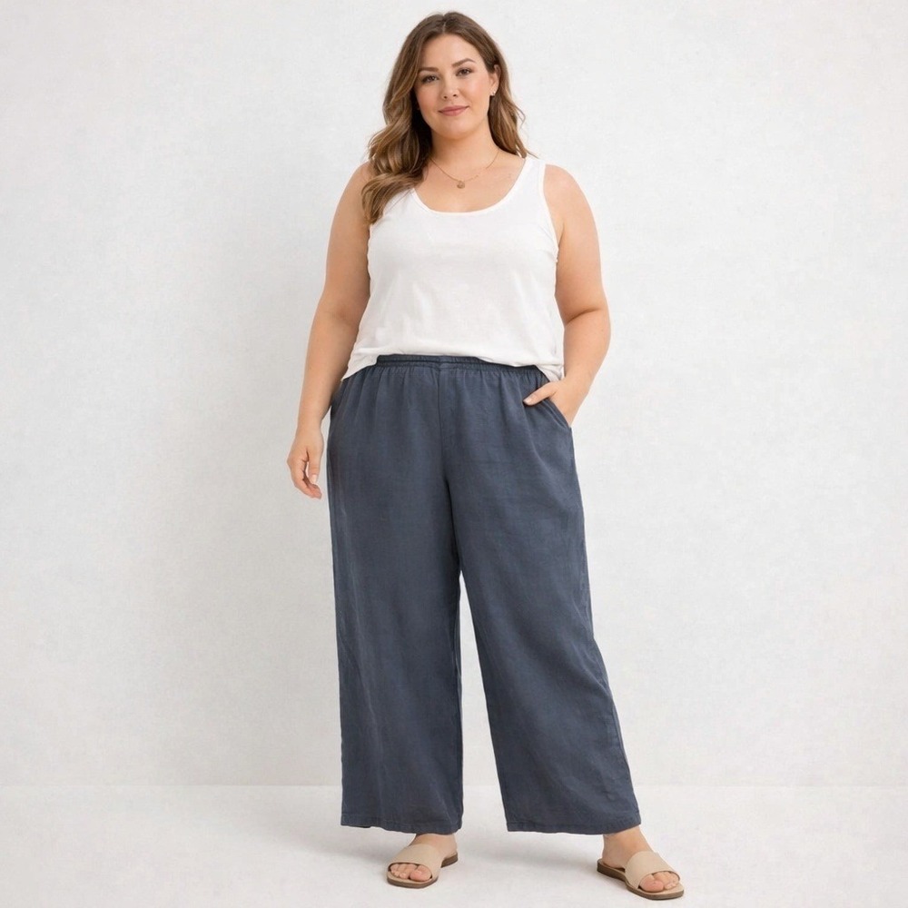 Tahari Womens Wide Leg Linen Pants Size XL Black Coastal Beach Clean Girl Travel